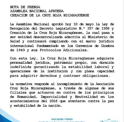 Cruz Roja Nicaragüense pasa a ser entidad descentralizada adscrita al MINSA
