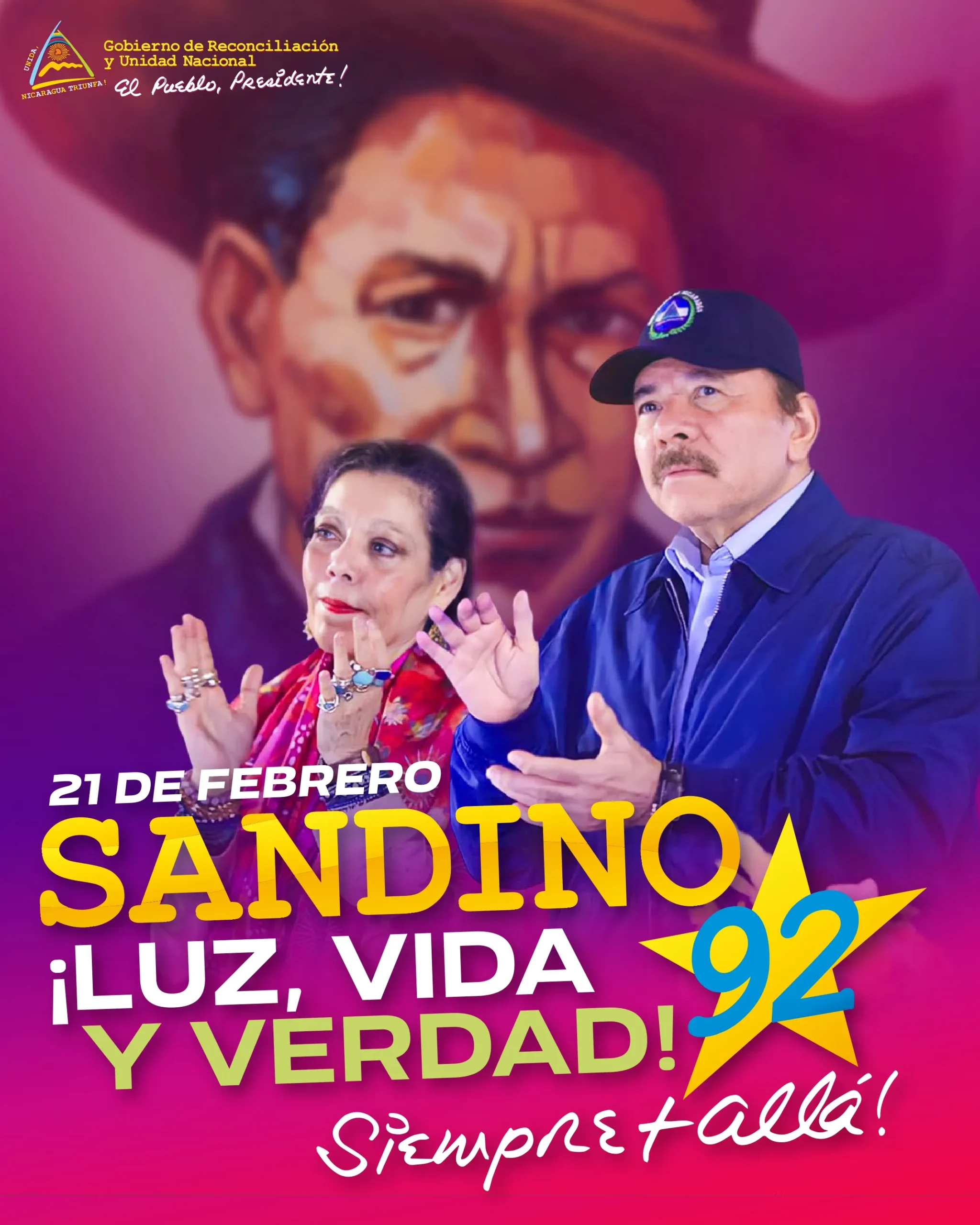 Copresidentes de Nicaragua dirigirán acto central en homenaje al General de Hombres y Mujeres Libres