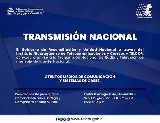 TELCOR convoca a Transmisión Nacional del 19 de Julio