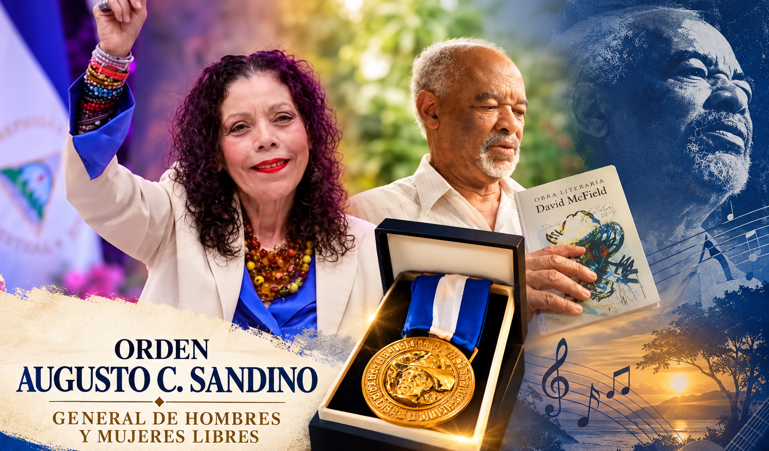 Conpañera Rosario Murillo anuncia la entrega de la Orden Augusto C. Sandino al poeta David McField